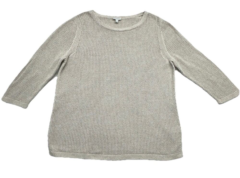 Talbots Womens XL Cotton Open Knit Tan Pullover Sweater 3/4 Sleeve 100% Cotton